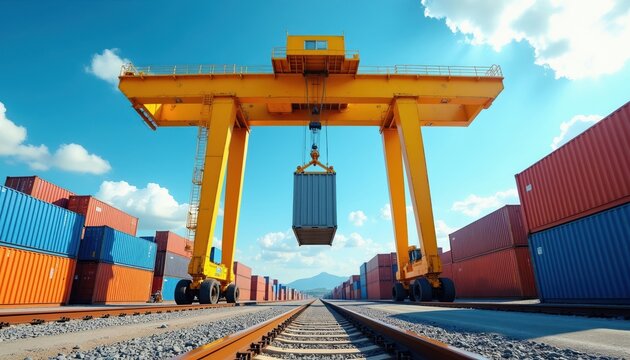 Yellow gantry crane lifts container in sunny rail yard with stacks of cargo containers. Blue sky with clouds above industrial logistics hub. Mountains seen in distance.