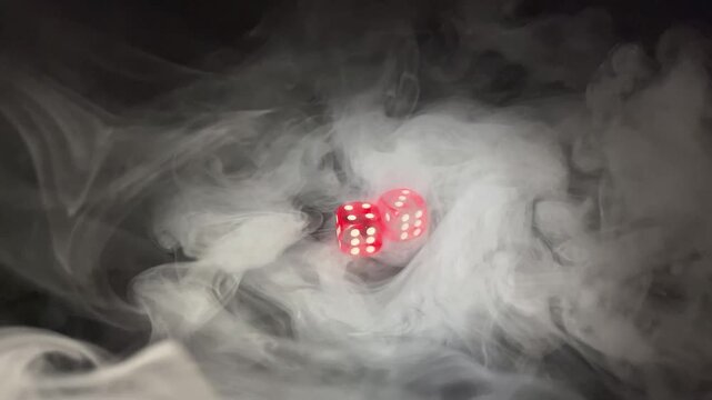 Red translucent dice showing double six surrounded by smoke on a dark background, symbolizing luck, risk, gambling, chance and high‑stakes decision‑making. 4K, slow motion.