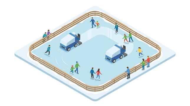 vector isometric outdoor ice skating rink with people skating zambonis blue benches and railings illustration