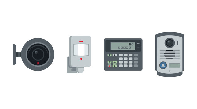 vector home security devices set with surveillance camera motion sensor alarm keypad and video doorbell