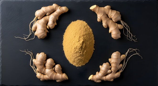Fresh ginger roots and powder 1.