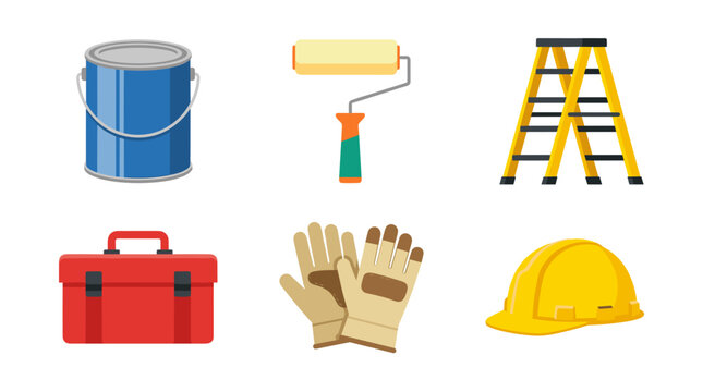 vector home renovation diy painting tools set with paint can roller ladder toolbox safety gloves and