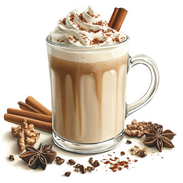 Chai Latte, lively watercolor vector drawing with intricate brush, isolated on a white background.
