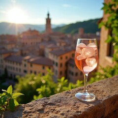 Naklejka premium Glass with rose wine and ice rests on stone wall overlooking Tuscan village at sunset. Golden sun rays shine on distant hills. Green foliage frames the scenic view.