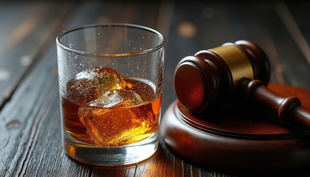 Whiskey glass with ice cubes and judge gavel on wooden table. Concept symbolizes alcohol related legal issues or decisions impacting drinking culture and justice.