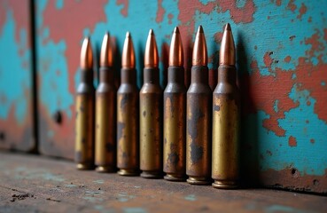 Obraz premium Seven rusty rifle cartridges stand in a row on a weathered wooden surface against a distressed teal and red wall. Aged ammunition shows signs of wear and corrosion, hinting at conflict or history.