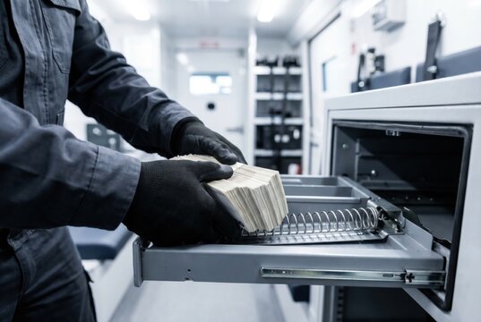 Security guard wearing black gloves loading bundles of cash into a secure safe inside an armored vehicle