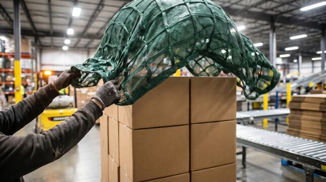 Warehouse worker hands pulling a green protective cargo net over a stack of cardboard boxes on a pallet
