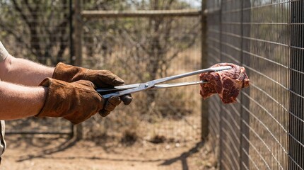 Naklejka premium Zookeeper hands wearing thick leather gloves using long metal tongs to feed raw meat through a wire fence