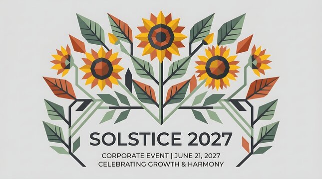 Geometric sunflower illustration for solstice corporate event celebration with floral pattern and flat design style