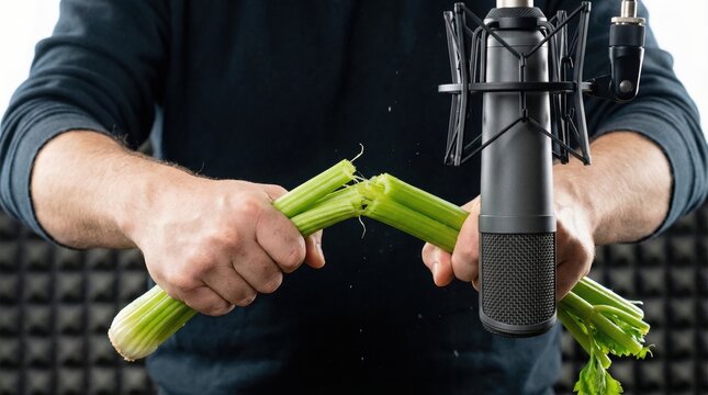 Foley artist hands breaking fresh crisp green celery stalks in front of a studio microphone to create sound effects