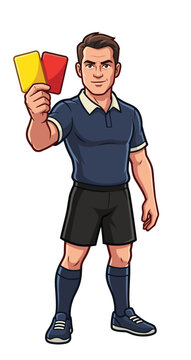 Football Referee's cards: An impartial referee, displaying a yellow and red cards, ready to make a decision during a football game. Representing authority and the rules of the sport.