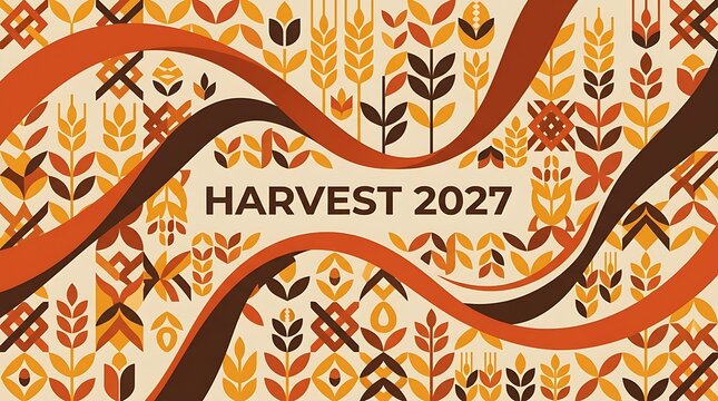 Abstract harvest 2027 vector illustration with geometric wheat pattern and flowing lines in earthy autumn colors for agricultural background