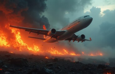 Fototapeta premium Airplane flies low over burning land. Intense fire and smoke fill sky. Aircraft navigates disaster zone, avoiding fiery explosions. Catastrophe unfolds below as plane continues flight.