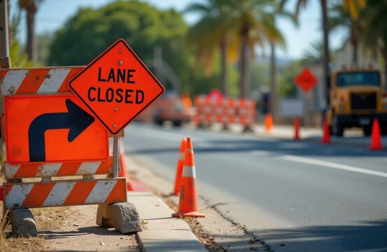 Orange lane closed sign with arrow directs traffic around road work zone. Orange cones and barriers guide vehicles away from construction site on sunny day.
