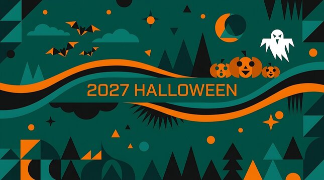 2027 Halloween celebration banner featuring abstract geometric pumpkins ghosts and bats in modern flat style