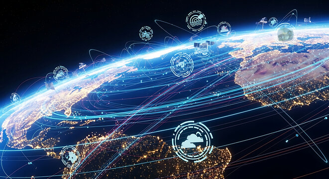 A view of earth with digital network connections and icons representing global communication systems ai generated