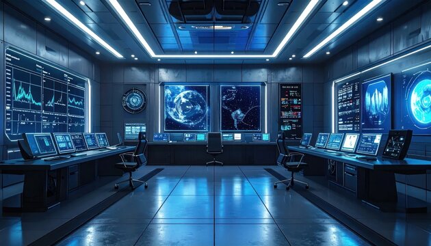 Futuristic Command Center with Blue Neon Lights and Large Screens.