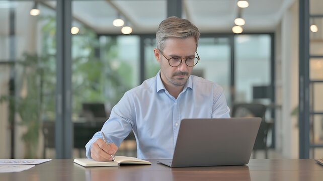 Focused man wearing glasses working on laptop and taking notes in modern office with remote work