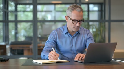 Obraz premium Middle-aged businessman working on laptop and writing notes in modern office with businessman