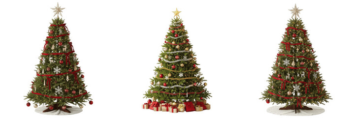 Fototapeta premium Beautifully Decorated Christmas Tree Isolated on White Background for Holiday Season Greetings, Festive Winter Decorations, Xmas Celebration Graphics, and New Year Interior Design Projects.