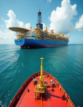 Giant offshore platform vessel floats on ocean water. Ship deck shows crane. Industry operations, oil and gas exploration, energy production.
