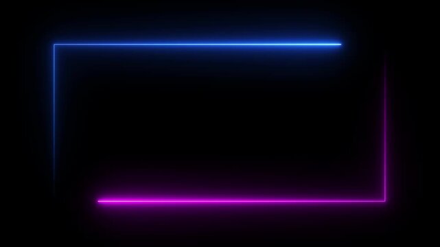 Square rectangle picture frame with two tone neon color motion graphic on isolated black background. Blue and pink light moveing for overlay element. Motion graphic 4k animation video.