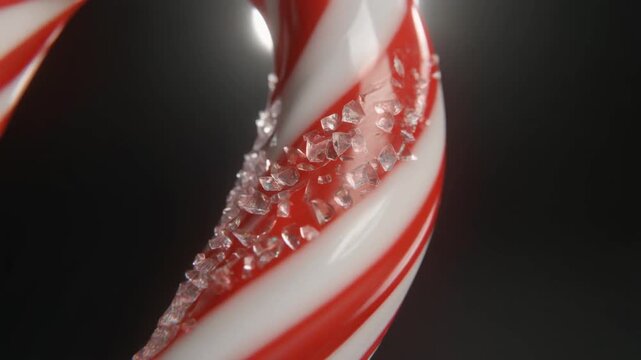 Macro Shot of a Shimmering Red and White Candy Cane with Sugar