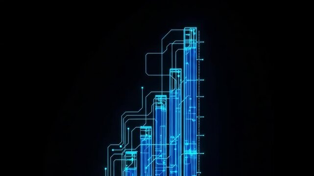 Digitally Rendered 3d Graph Data Rising Up With Circuit-like Connections Against Black Backdrop Usable For Finance Technology Business