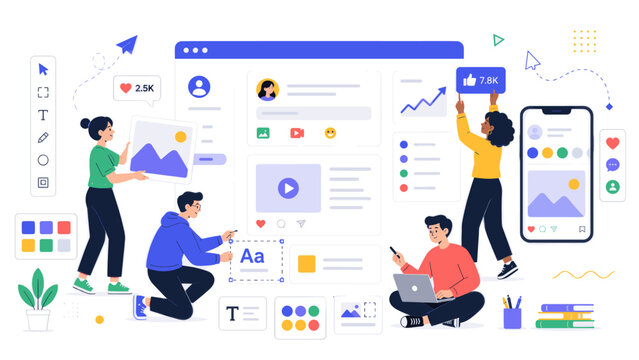 Creative team designing social media interface with mobile preview, image cards, video post, analytics charts, reaction icons and flat style toolbar
