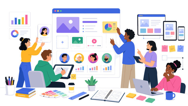 Creative team planning a responsive web dashboard with profile cards, charts, device previews, wireframes and color swatches in flat style