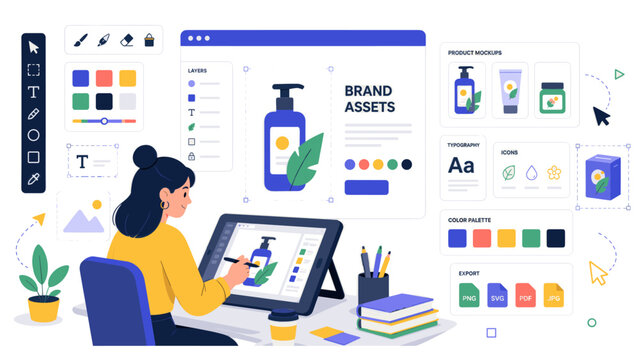 Female designer creating natural product brand assets on a tablet, with mockup panels, color palette, icons, and export graphics in flat style.