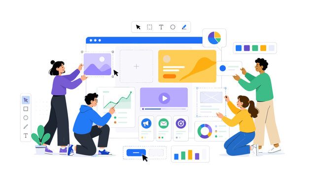 Creative team arranging colorful web interface components with wireframes, charts, video panel and design tools in modern flat vector style