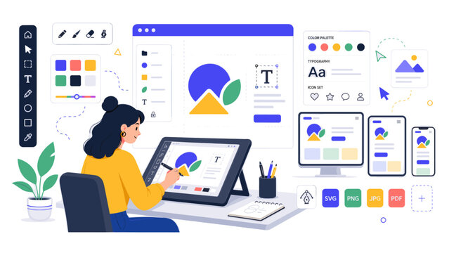 Female graphic designer editing responsive interface artwork on a pen tablet with color palette, icons, typography panels, and device previews.