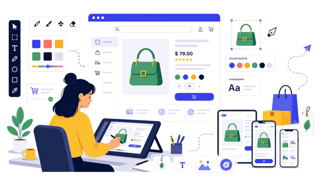 Female designer creating an ecommerce handbag product page on a tablet, with responsive shop mockups, color palettes, and UI tools in flat style.