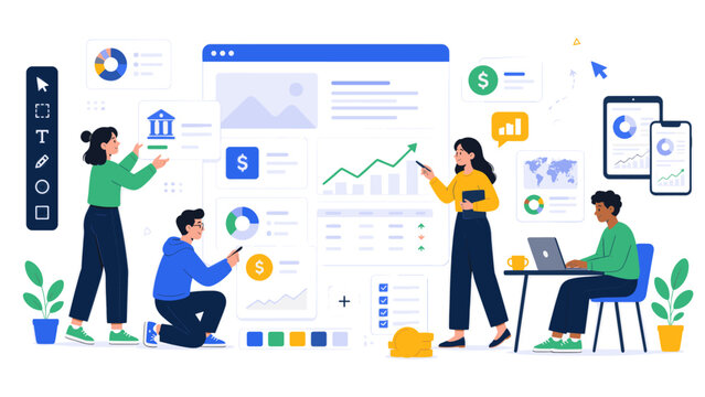 Creative team designing financial dashboard interface with charts, dollar icons, banking cards, mobile previews and analytics tools in flat style
