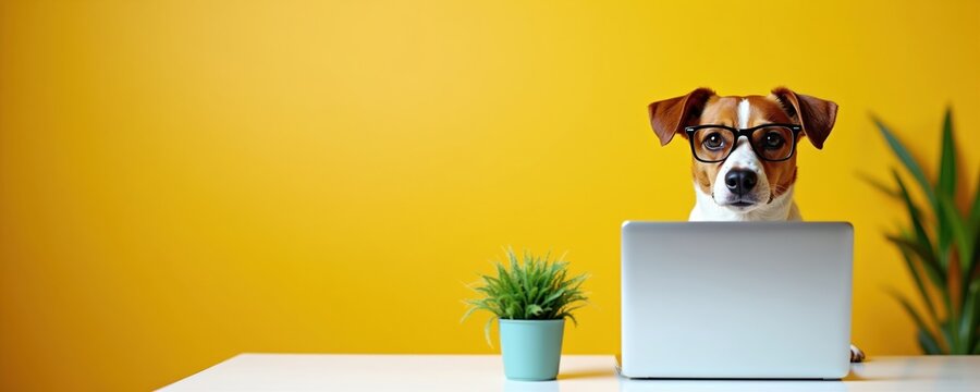 Smart dog wearing glasses works on laptop. Canine attends virtual meeting from home office. Pet uses computer for remote work, looks serious and focused.
