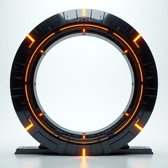 Fototapeta premium Black metallic futuristic portal with glowing orange lights on a white background. This sci-fi gate or tunnel implies transport, space travel, and advanced technology.