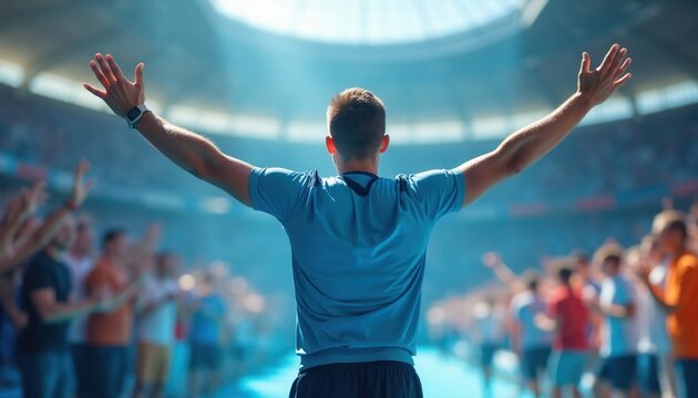 Man in blue shirt with arms raised in triumph. Cheering crowd blurred in stadium background. Celebration of success and victory on sunny day. Person feels elated, successful, and happy.