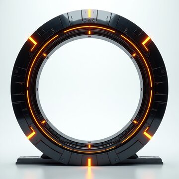 Black metallic futuristic portal with glowing orange lights on a white background. This sci-fi gate or tunnel implies transport, space travel, and advanced technology.