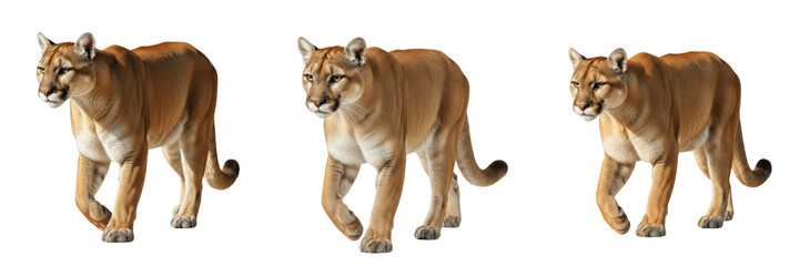 Majestic Mountain Lion or Cougar Walking Isolated on White Background for Wildlife Conservation, Big Cat Education, North American Wilderness Graphics, and Nature Documentary Art. © JFK KOO!