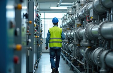 Fototapeta premium Man in safety vest and hard hat walks through industrial facility with large pipes and control panels. He inspects plumbing system, checking equipment for maintenance. Technician works in plant.