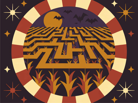 Halloween corn maze landscape with bats and full moon, flat vector illustration for autumn festival, poster and spooky fall design