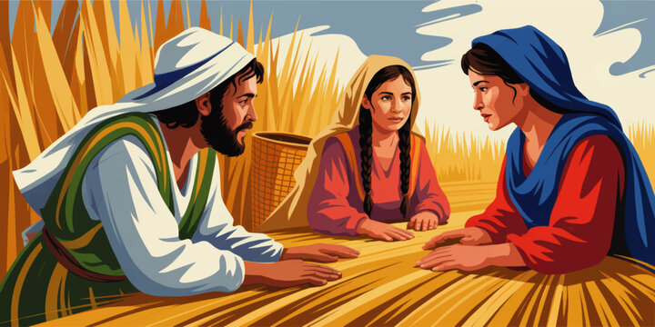 Biblical harvest scene with Ruth Boaz and Naomi talking in wheat field, Christian illustration of faith hope and family devotion