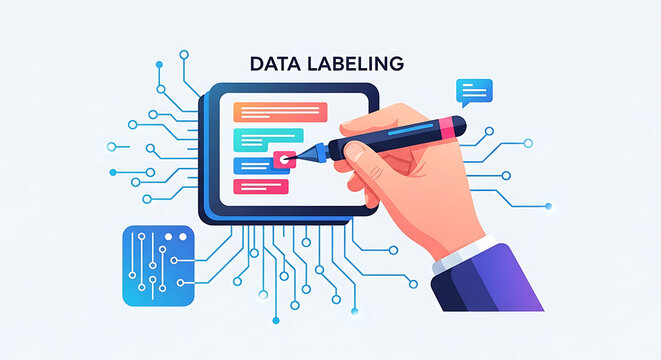 Illustration of data labeling process with a hand pointing at a screen with labeled data blocks ai generated