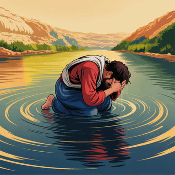 Biblical man praying in river at sunrise, spiritual repentance and baptism illustration, peaceful desert canyon landscape art