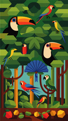 Fototapeta premium Colorful tropical birds in geometric rainforest illustration with toucans parrots foliage jungle nature background