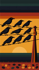 Obraz premium Autumn crows on power lines at sunset, flat minimal illustration with dark birds, orange sky, warm fall landscape background