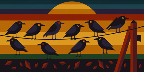 Obraz premium Minimalist crows on wire at sunset, flat geometric bird illustration with warm autumn colors and modern graphic style