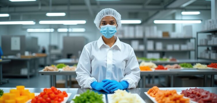 Food factory worker wears protective gear. Female employee in hairnet mask gloves works in clean processing plant. Fresh food ingredients arranged for production. Safety protocols observed for